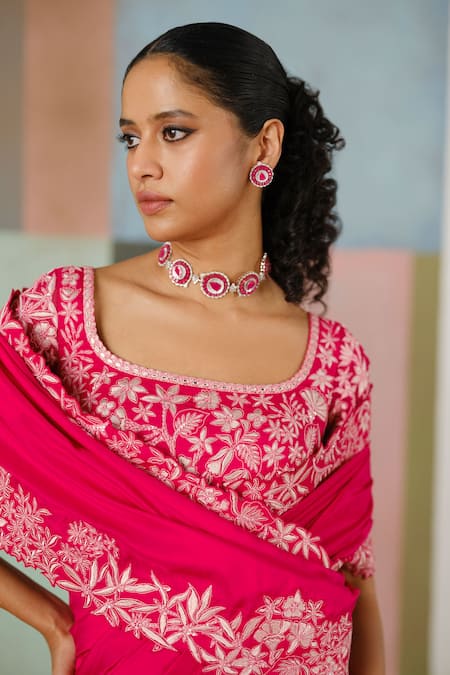 Buy_Mishru_Fuchsia Silk Embroidery, Metallic Thread Square Vida Floral Saree With Blouse _Online_at_Aza_Fashions
