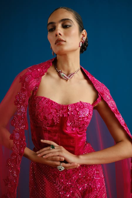 Buy_Mishru_Fuchsia Velvet, Tulle Sequins, Embroidery Audrey Floral Corset Lehenga Set _Online_at_Aza_Fashions
