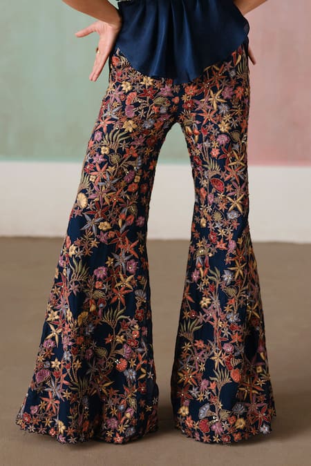 Mishru_Blue Organza Embroidery, Sequins, Metallic Elin Draped Top And Flared Pant Set _Online_at_Aza_Fashions