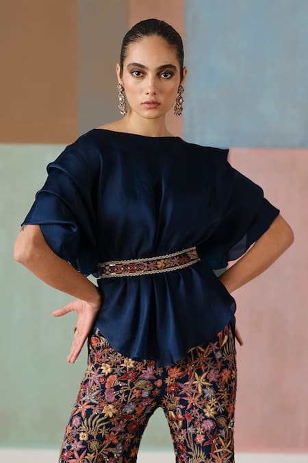 Buy_Mishru_Blue Organza Embroidery, Sequins, Metallic Elin Draped Top And Flared Pant Set _Online_at_Aza_Fashions