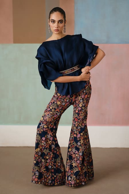 Shop_Mishru_Blue Organza Embroidery, Sequins, Metallic Elin Draped Top And Flared Pant Set _Online_at_Aza_Fashions