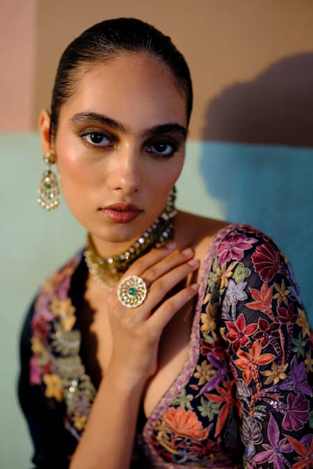 Mishru_Navy Tulle, Organza Embroidery, Sequins Sweetheart Ruhani Floral Lehenga Set _Online_at_Aza_Fashions