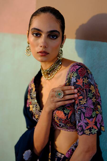 Buy_Mishru_Navy Tulle, Organza Embroidery, Sequins Sweetheart Ruhani Floral Lehenga Set _Online_at_Aza_Fashions