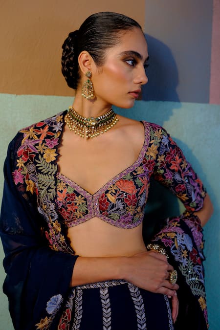 Buy_Mishru_Navy Tulle, Organza Embroidery, Sequins Sweetheart Ruhani Floral Lehenga Set 