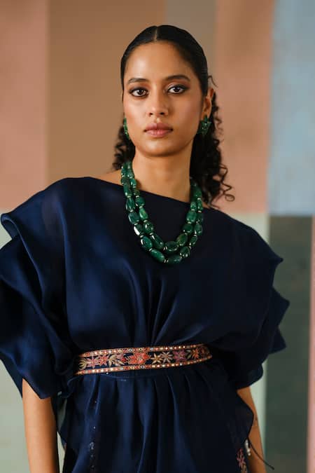 Mishru_Blue Organza Embroidery, Mirrors Boat Neck, Round Saira Ruffled Top And Skirt Set _Online_at_Aza_Fashions