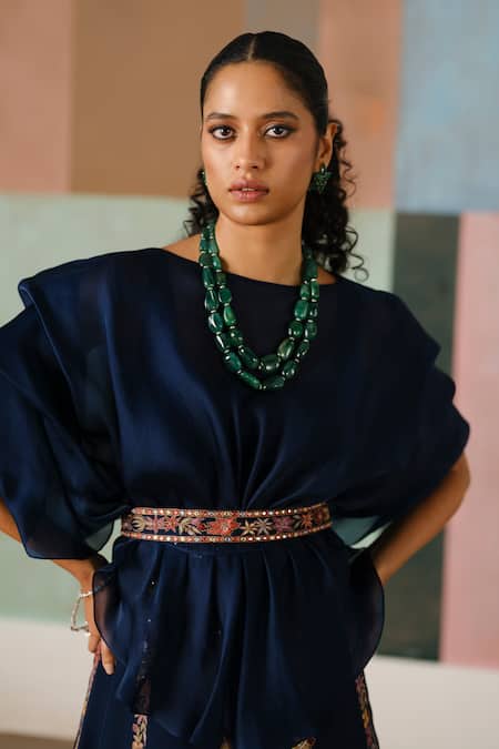 Buy_Mishru_Blue Organza Embroidery, Mirrors Boat Neck, Round Saira Ruffled Top And Skirt Set _Online_at_Aza_Fashions