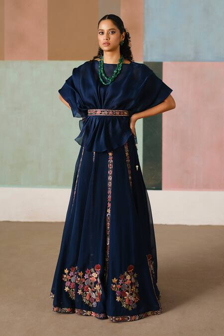 Shop_Mishru_Blue Organza Embroidery, Mirrors Boat Neck, Round Saira Ruffled Top And Skirt Set _Online_at_Aza_Fashions