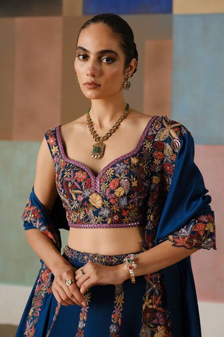 Mishru_Blue Tulle, Organza, Silk Embroidery, Sequins, Valerie Floral Lehenga Set _Online_at_Aza_Fashions
