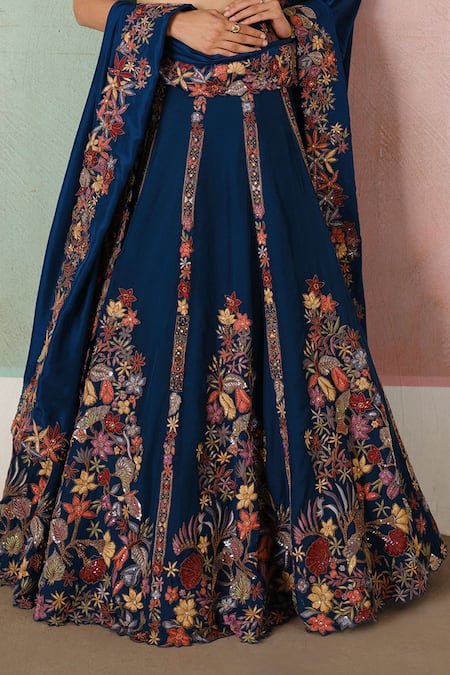 Buy_Mishru_Blue Tulle, Organza, Silk Embroidery, Sequins, Valerie Floral Lehenga Set _Online_at_Aza_Fashions