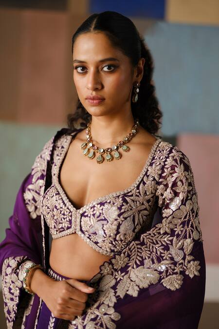 Mishru_Purple Tulle, Organza Embroidery, Sequins, Zari Ruhani Lehenga Blouse Set _Online_at_Aza_Fashions