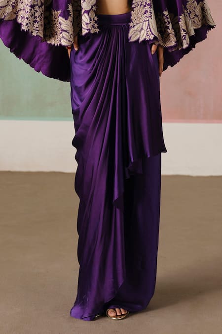 Mishru_Purple Tulle, Satin Embroidery, Metallic Thread Marielle Cape Draped Skirt Set _Online_at_Aza_Fashions