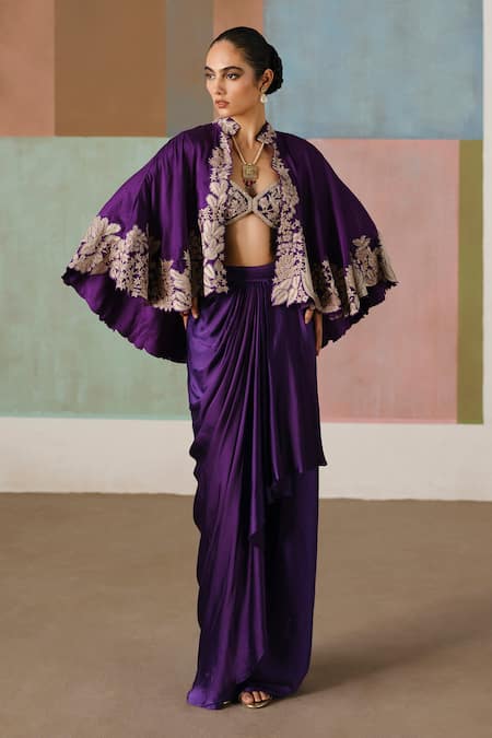 Mishru Marielle Embroidered Cape Draped Skirt Set 