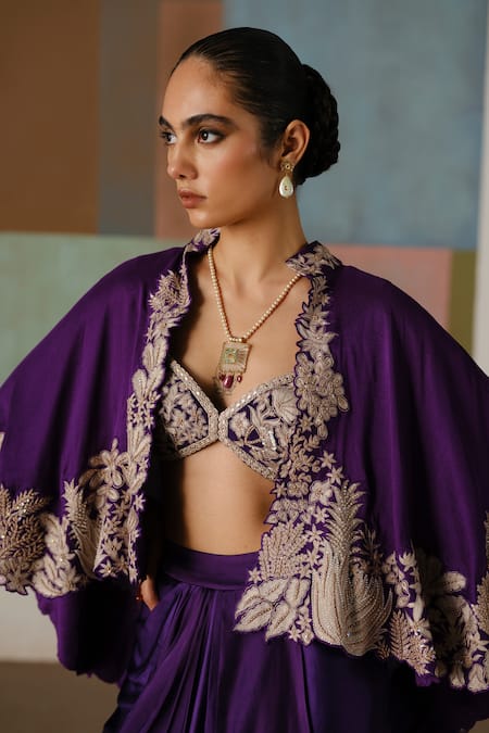 Buy_Mishru_Purple Tulle, Satin Embroidery, Metallic Thread Marielle Cape Draped Skirt Set 