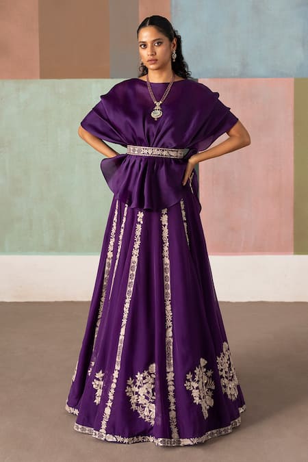 Mishru_Purple Organza Embroidery Round Neck Saira Ruffled Top And Skirt Set _Online_at_Aza_Fashions