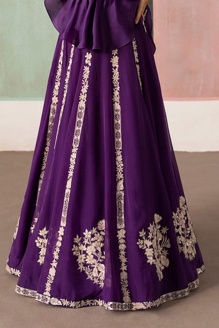 Buy_Mishru_Purple Organza Embroidery Round Neck Saira Ruffled Top And Skirt Set _Online_at_Aza_Fashions