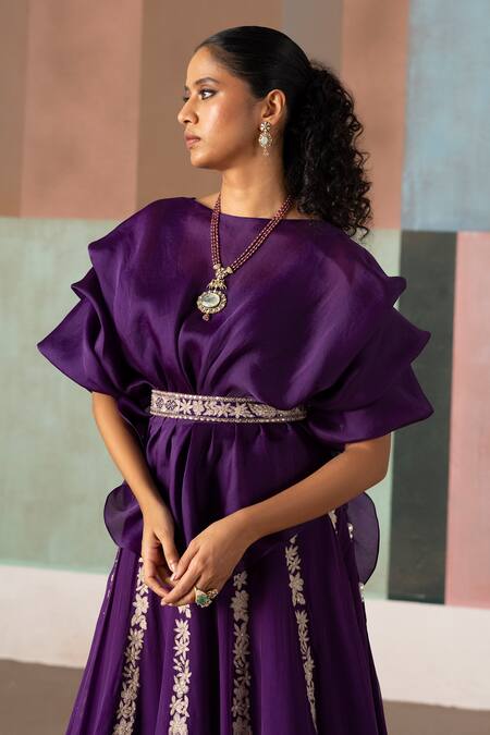 Shop_Mishru_Purple Organza Embroidery Round Neck Saira Ruffled Top And Skirt Set _Online_at_Aza_Fashions