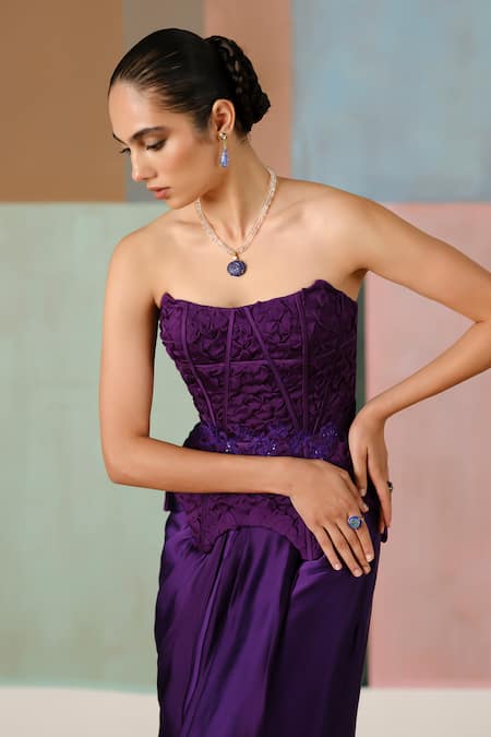 Shop_Mishru_Purple Organza, Satin Embroidery, Ciara Textured Corset And Draped Skirt Set _Online_at_Aza_Fashions