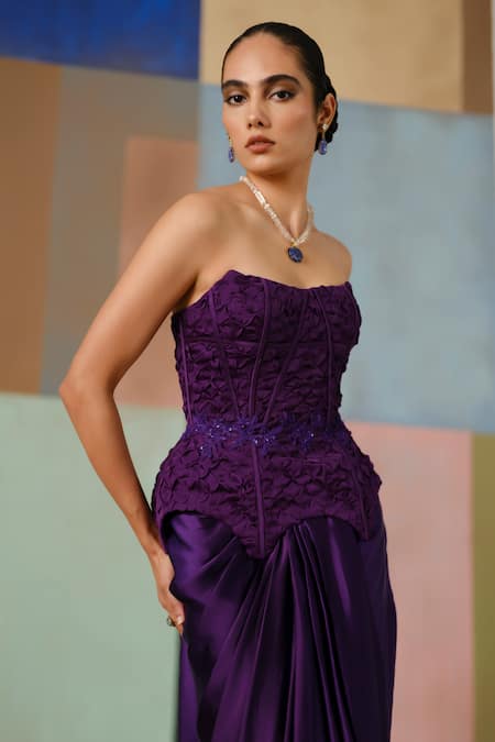 Mishru_Purple Organza, Satin Embroidery, Ciara Textured Corset And Draped Skirt Set _at_Aza_Fashions
