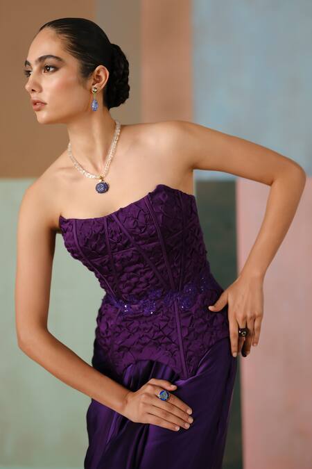 Buy_Mishru_Purple Organza, Satin Embroidery, Ciara Textured Corset And Draped Skirt Set 