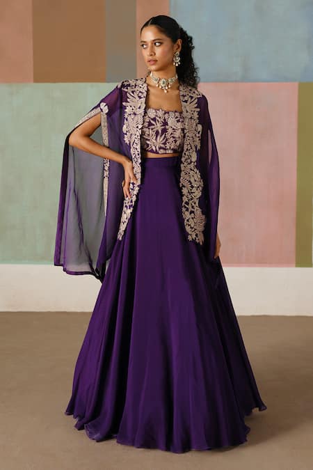 Mishru_Purple Tulle, Organza Embroidery, Zari Open Neck, Avi Cape Lehenga Set _Online_at_Aza_Fashions