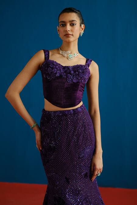 Shop_Mishru_Purple Velvet, Tulle Sequins, Embroidery Audrey Floral Corset Lehenga Set _Online_at_Aza_Fashions