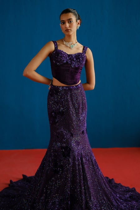 Mishru_Purple Velvet, Tulle Sequins, Embroidery Audrey Floral Corset Lehenga Set _at_Aza_Fashions