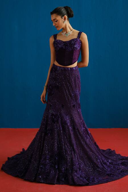 Buy_Mishru_Purple Velvet, Tulle Sequins, Embroidery Audrey Floral Corset Lehenga Set 
