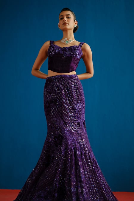 Shop_Mishru_Purple Velvet, Tulle Sequins, Embroidery Audrey Floral Corset Lehenga Set 