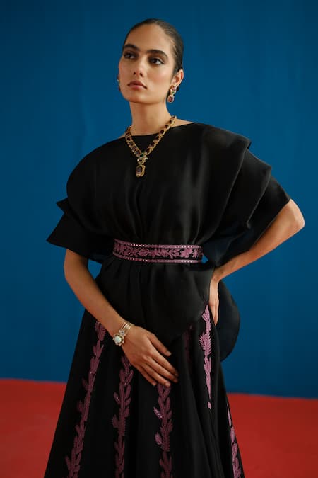 Mishru_Black Organza Embroidery Round Neck Alana Leaf Motif Top And Skirt Set _Online_at_Aza_Fashions
