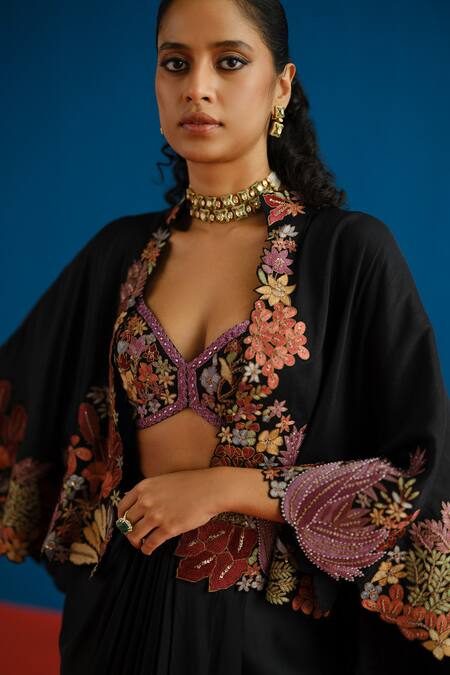 Mishru_Black Satin Embroidery, Metallic Thread Marielle Floral Cape Draped Skirt Set _Online_at_Aza_Fashions