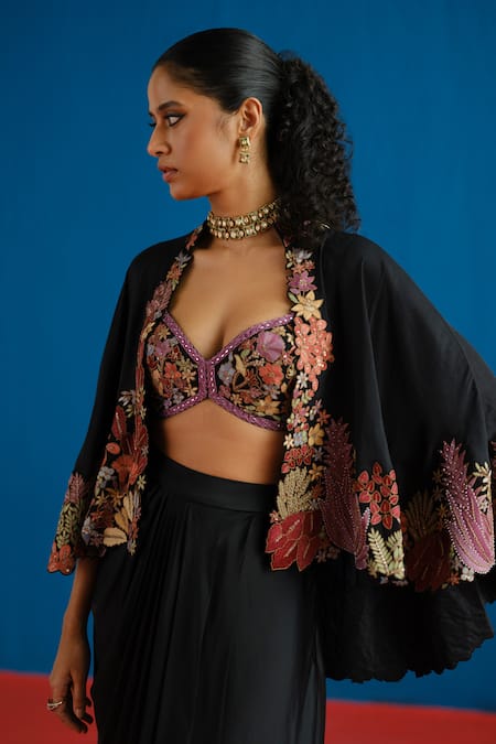 Buy_Mishru_Black Satin Embroidery, Metallic Thread Marielle Floral Cape Draped Skirt Set _Online_at_Aza_Fashions