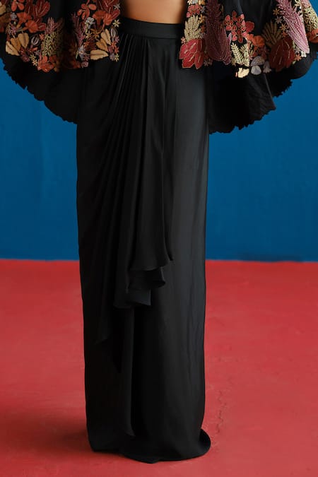 Shop_Mishru_Black Satin Embroidery, Metallic Thread Marielle Floral Cape Draped Skirt Set _Online_at_Aza_Fashions