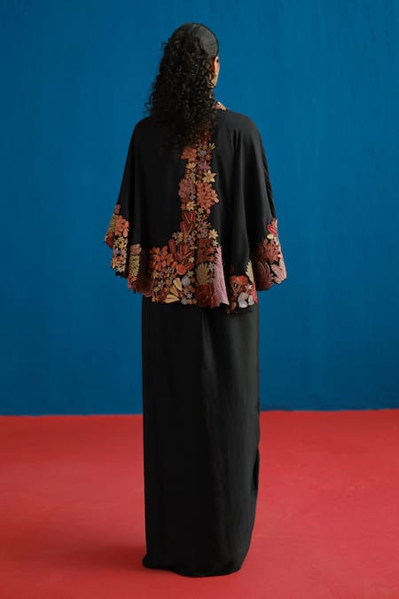 Mishru Marielle Floral Embroidered Cape Draped Skirt Set 