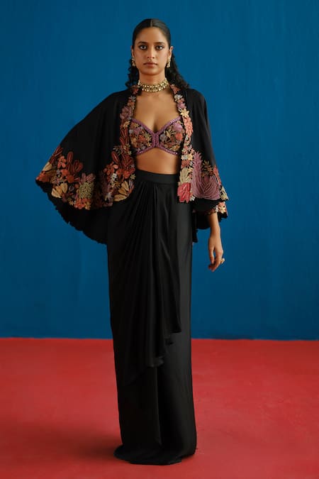 Mishru_Black Satin Embroidery, Metallic Thread Marielle Floral Cape Draped Skirt Set _at_Aza_Fashions