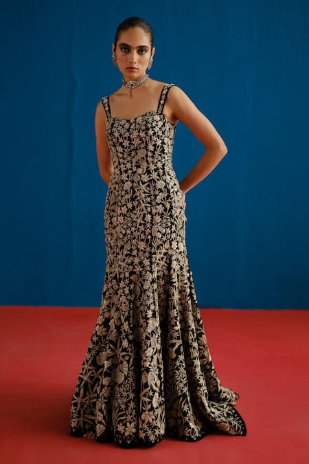 Mishru_Black Organza Embroidery Sweetheart Neck Evelyn Floral Gown _Online_at_Aza_Fashions