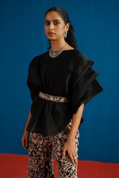 Mishru_Black Organza Embroidery Round Neck Elin Ruffled Top Pant Set _Online_at_Aza_Fashions