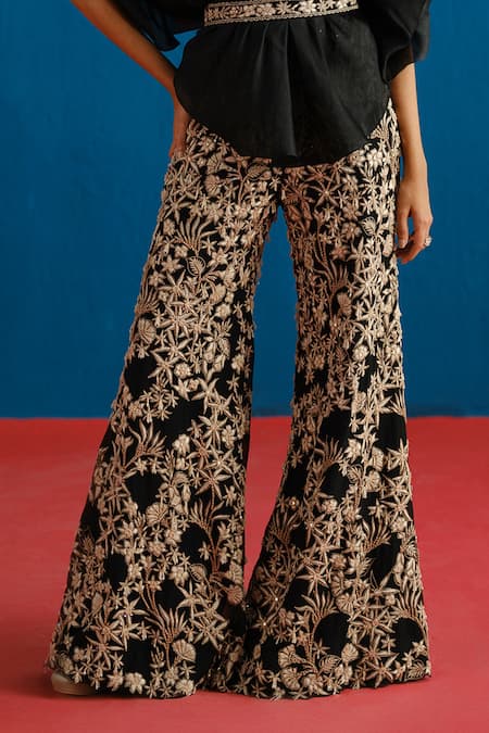 Buy_Mishru_Black Organza Embroidery Round Neck Elin Ruffled Top Pant Set _Online_at_Aza_Fashions