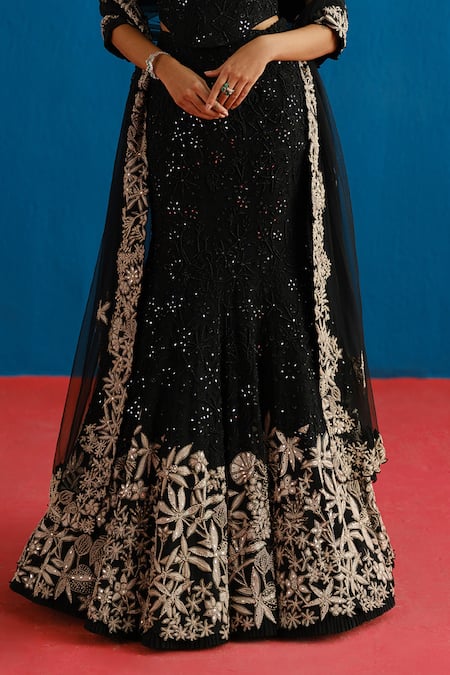 Mishru_Black Tulle Sequins, Embroidery Sweetheart Maryse Embellished Corset Lehenga Set _at_Aza_Fashions