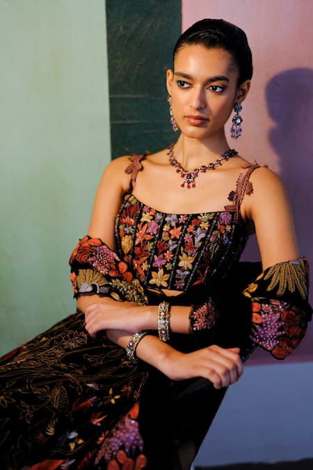 Shop_Mishru_Black Tulle, Organza Embroidery, Aveline Floral Corset Blouse Lehenga Set _Online_at_Aza_Fashions