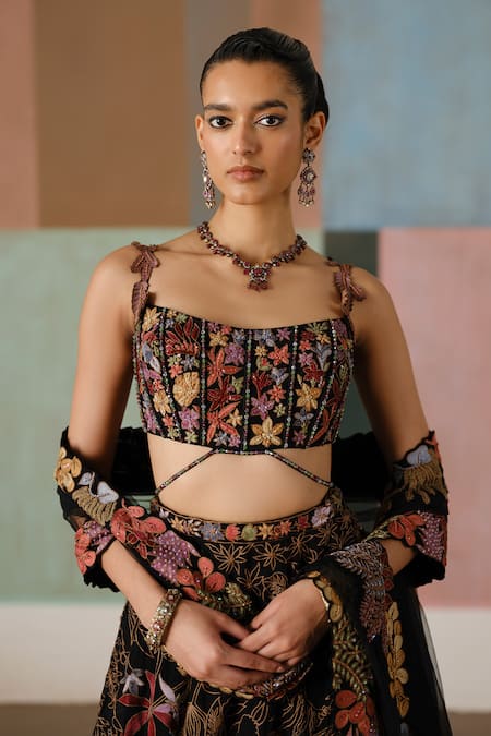 Mishru_Black Tulle, Organza Embroidery, Aveline Floral Corset Blouse Lehenga Set _at_Aza_Fashions