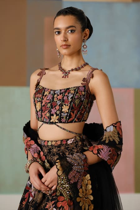 Buy_Mishru_Black Tulle, Organza Embroidery, Aveline Floral Corset Blouse Lehenga Set 