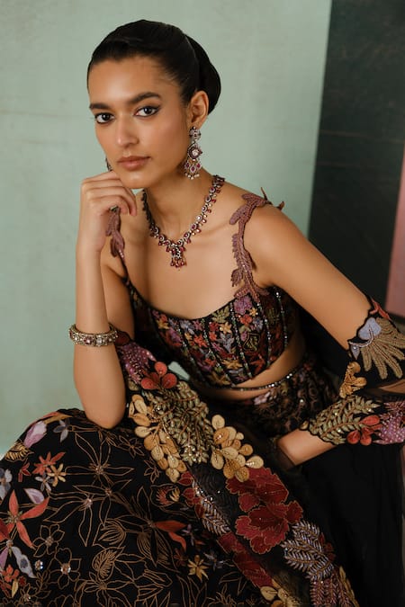 Shop_Mishru_Black Tulle, Organza Embroidery, Aveline Floral Corset Blouse Lehenga Set 