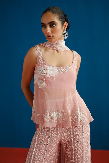 Mishru_Pink Organza, Tulle, Chiffon Embroidery, Sequins Fiona Floral Top Sharara Set _Online_at_Aza_Fashions