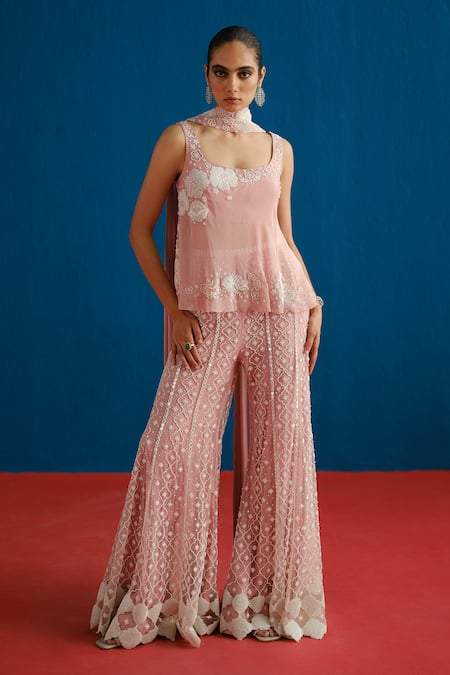 Buy_Mishru_Pink Organza, Tulle, Chiffon Embroidery, Sequins Fiona Floral Top Sharara Set _Online_at_Aza_Fashions