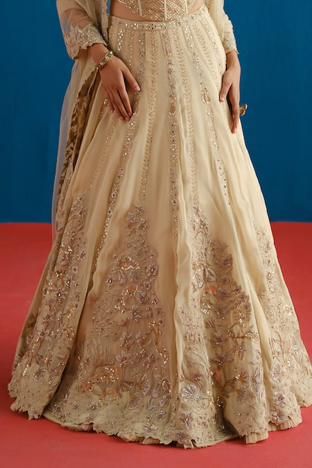 Mishru_Gold Tulle, Organza Sequins, Embroidery Sweetheart Neck Keya Lehenga Set _Online_at_Aza_Fashions