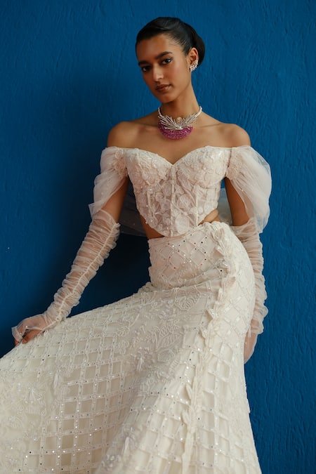 Buy_Mishru_Ivory Tulle Sequins, Beads, Embroidery, Diana Off Shoulder Corset Skirt Set 