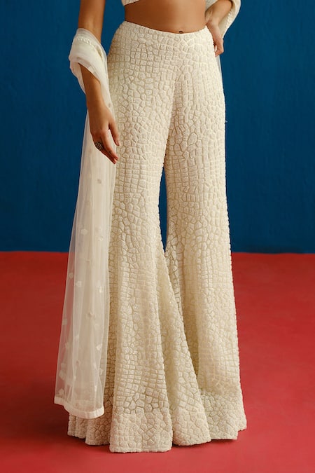 Mishru_Ivory Organza Embroidery High Neck Eshara Crop Top Pant Set _Online_at_Aza_Fashions