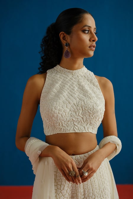 Mishru_Ivory Organza Embroidery High Neck Eshara Crop Top Pant Set _at_Aza_Fashions