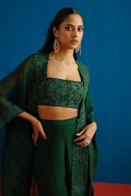 Buy_Mishru_Green Tulle, Organza Embroidery, Sequins Open Neck, Square Lea Cape Pant Set _Online_at_Aza_Fashions