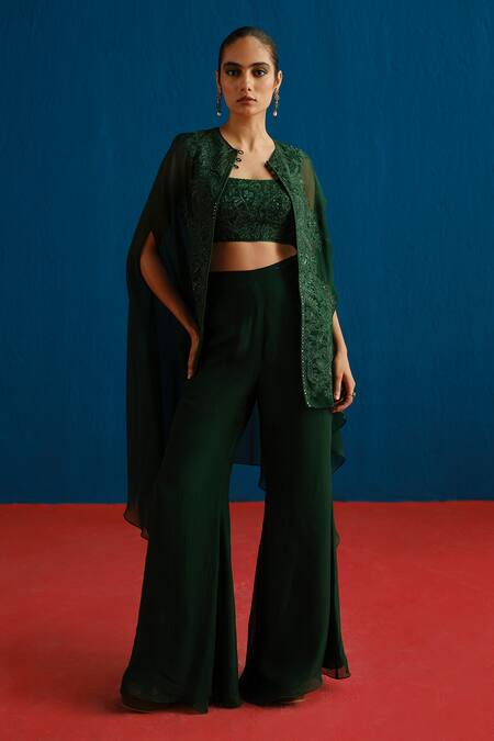 Mishru_Green Tulle, Organza Embroidery Round , Sweetheart Aurea Cape Pant Set _Online_at_Aza_Fashions